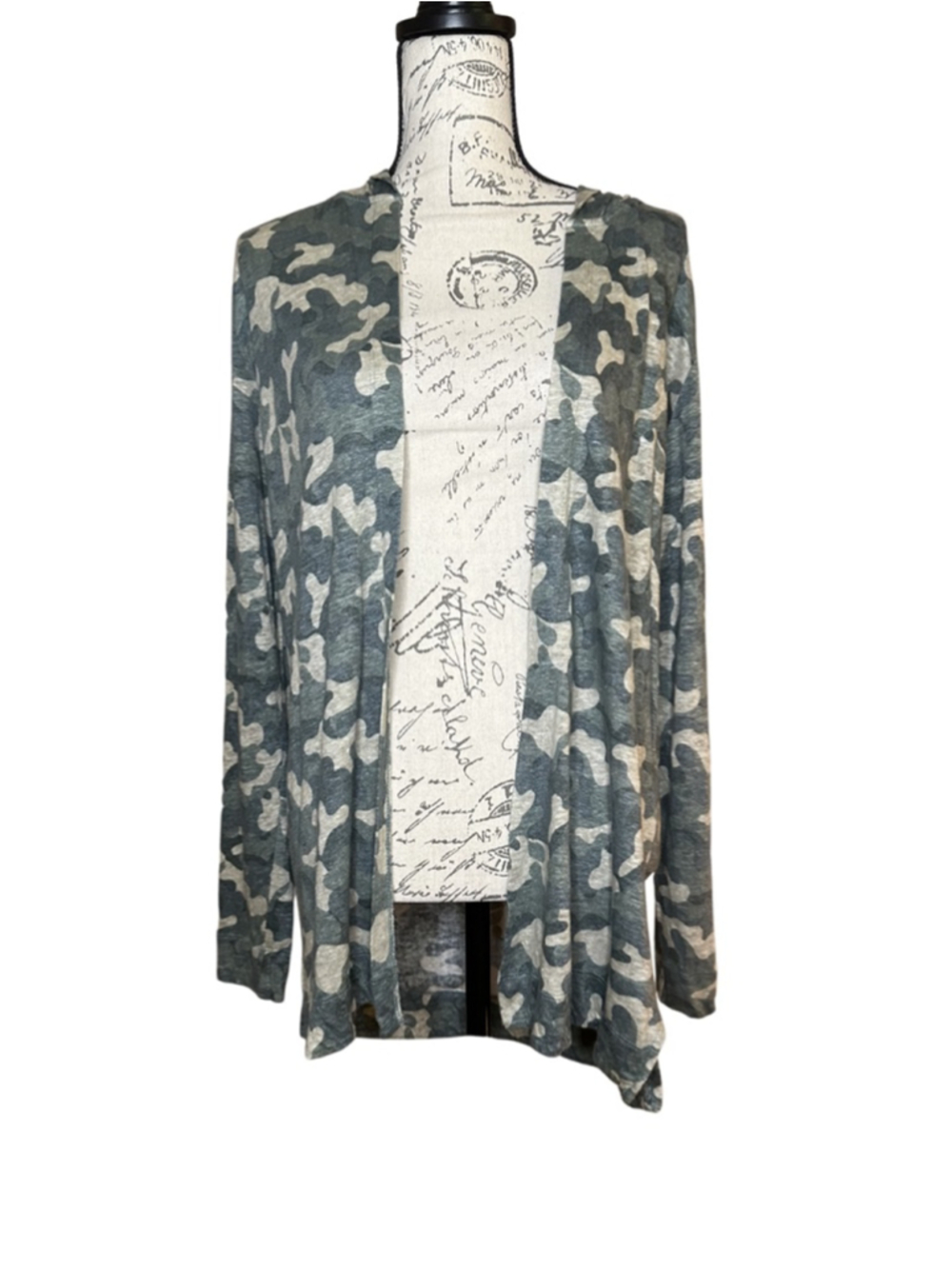 Nicole Miller Large Linen Hooded Camouflage Open Front Duster Cardigan w slits